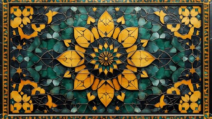 Poster - Vibrant vector pattern showcasing bold geometric shapes and intricate lines in deep greens and yellows embodying the essence of Islamic art for Ramadan celebrations arranged on a swatch panel