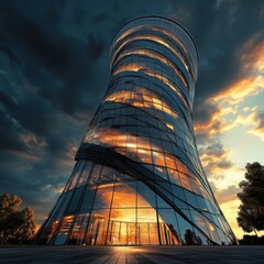 Poster - Spiral Galaxy Shaped Skyscraper at Dusk