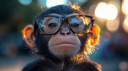 Sticker - A young monkey wearing oversized glasses poses confidently against a blurred background during sunset