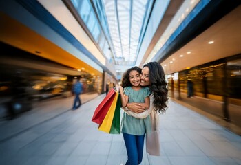 A mother and daughter smile and hold shopping bags in a mall.