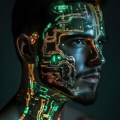 Poster - Futuristic Half-Human Half-Robot Portrait with Glow