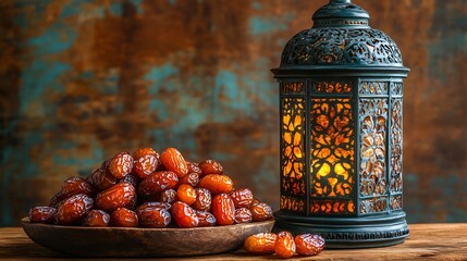 Poster - Warm Ramadan composition highlighting a cluster of rich dates in the foreground beside a decorative lantern on a wooden table all framed by a textured wall that offers space for personalized messages