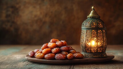 Poster - Warm Ramadan composition highlighting a cluster of rich dates in the foreground beside a decorative lantern on a wooden table all framed by a textured wall that offers space for personalized messages