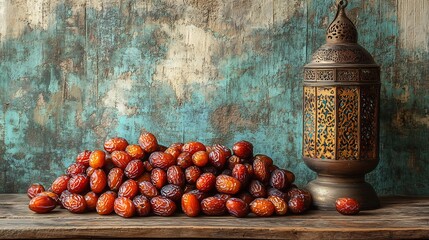 Poster - Warm Ramadan composition highlighting a cluster of rich dates in the foreground beside a decorative lantern on a wooden table all framed by a textured wall that offers space for personalized messages