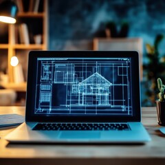 Poster - Laptop Displaying Architectural Blueprints in Office Setting