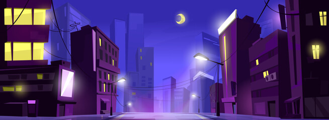 Night city road front view. Town building on street illustration. Urban cityscape with moon, skyscraper and asphalt path in dark time. Empty residential downtown district horizontal panorama design