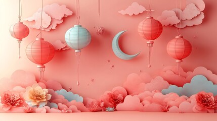 Fototapete - Whimsical paper cut style banner displaying layered lanterns and crescent moons in bright shades against a soft peach background providing space for text in the center