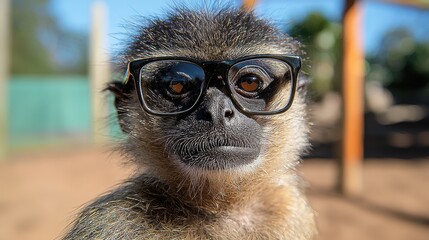 Canvas Print - A monkey wearing glasses poses playfully in a sunny outdoor setting, showcasing its curious expression and playful nature