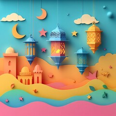 Wall Mural - Whimsical paper cut style banner displaying an array of colorful Islamic lanterns stars and crescent moons against a sunset gradient designed with space for text on the left side