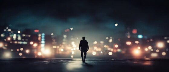 A silhouette of a man walks alone through a foggy urban landscape filled with colorful lights, evoking a sense of mystery and solitude.