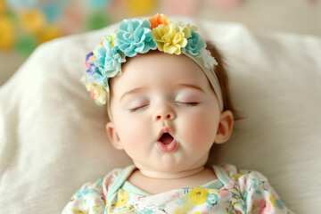 A Baby Girl Wearing A Floral Headband, Smiling Or Yawning, Set Against A Light, Pastel Background That Emphasizes Her Sweetness