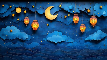 Poster - Whimsical paper cut style design with vibrant lanterns and crescent moons floating in a night sky with stars set on a deep blue background with a large area for text at the bottom