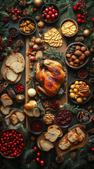 beautifully arranged Christmas feast table with roast turkey, cranberry sauce, and festive decorations, perfect for a mouth-watering smartphone wallpaper