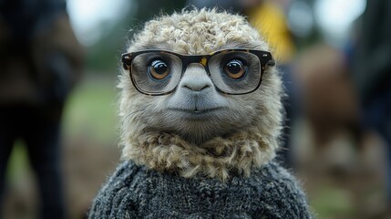 Poster - A quirky owl wearing glasses and a sweater stands outdoors, showcasing its unique personality amidst a natural landscape