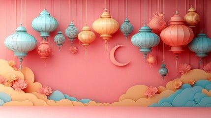 Poster - Whimsical paper cut style design with hanging lanterns and crescent moons in bright shades floating against a soft pink background with space for text at the center