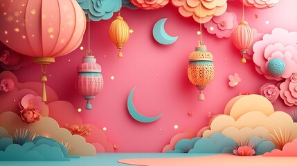 Poster - Whimsical paper cut style design with hanging lanterns and crescent moons in bright shades floating against a soft pink background with space for text at the center