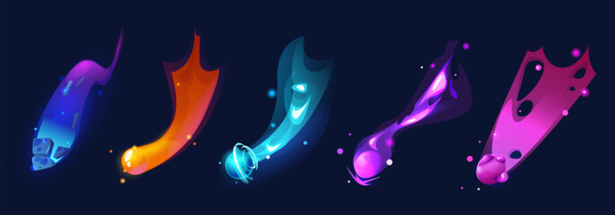 Fantasy asteroid with colorful fire and dust path. Cartoon vector illustration set of fast flying outer space comet with neon glowing tail. Star shower or falling meteorite stone with trail.