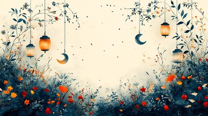 Poster - Whimsical paper cut style illustration of multiple hanging lanterns and crescent moons adorned with colorful floral motifs on a light cream background providing ample space for text at the bottom