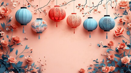 Poster - Whimsical paper cut style illustration of hanging lanterns adorned with colorful patterns and floral accents on a light pink background creating a perfect area for text on the right