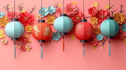 Poster - Whimsical paper cut style illustration of hanging lanterns adorned with colorful patterns and floral accents on a light pink background creating a perfect area for text on the right
