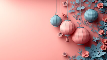 Poster - Whimsical paper cut style illustration of hanging lanterns adorned with colorful patterns and floral accents on a light pink background creating a perfect area for text on the right