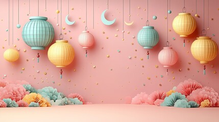 Poster - Whimsical paper cut style scene filled with colorful lanterns and crescent moons arranged in a playful composition on a soft pink background with space for text at the top