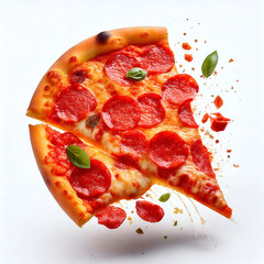 Template with delicious tasty slice of pepperoni pizza flying on white background. Generative AI