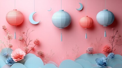 Wall Mural - Whimsical paper cut style scene filled with colorful lanterns and crescent moons arranged in a playful composition on a soft pink background with space for text at the top