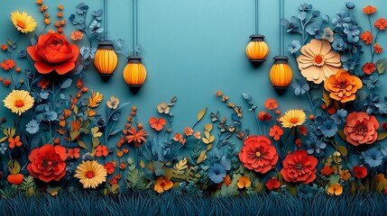 Poster - Whimsical paper cut style scene filled with colorful floral motifs and lanterns arranged in a vibrant pattern on a soft teal background with room for text in the center