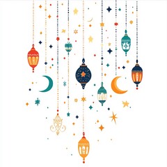 Poster - Whimsical vector illustration showcasing garland of eastern lantern stars crescent moons designed Ramadan celebrations combining cultural elements colorful festive manner minimalistic white background