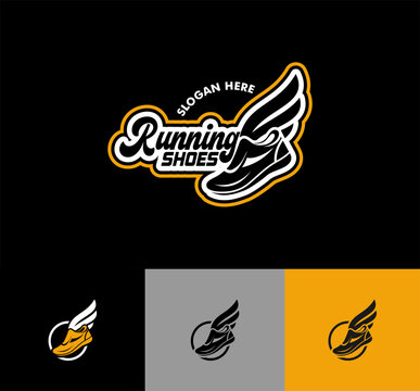 Running sport shoes speed running logo emblem badge  vector design. abstract
