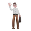 © Overlay Template - Societal Sociologist Professional in 3D. A male sociologist standing holding a briefcase in his right hand and waving his left hand. Male