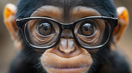 Wall Mural - A young primate wearing glasses gazes curiously at the camera in a lush outdoor environment during the daytime