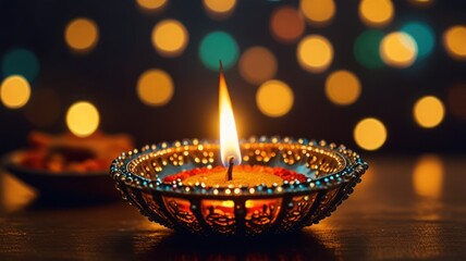 Wall Mural - A single lit candle in a decorative holder with bokeh lights in the background.