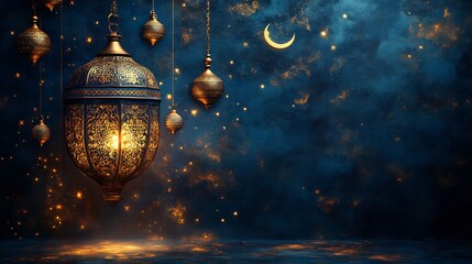 Poster - Artistic paper cut style banner featuring an ornate Islamic lantern with stars and moons in the background all in rich gold and navy tones leaving room for text on the right side