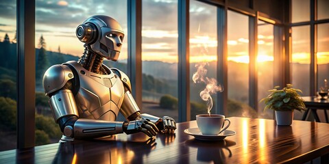 Poster - Robot Contemplating a Glass of Coffee - Futuristic AI Scene