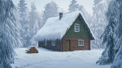 Poster - A charming wooden cabin is surrounded by a snow-covered forest, showcasing tranquil winter beauty. The roof is blanketed with snow, and neatly stacked logs provide warmth for the chilly environment.