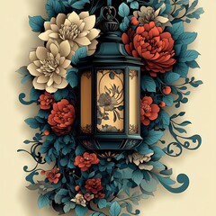 Poster - Artistic paper cut style banner featuring a large lantern entwined with floral designs in deep jewel tones against a muted background providing ample space for text on the right