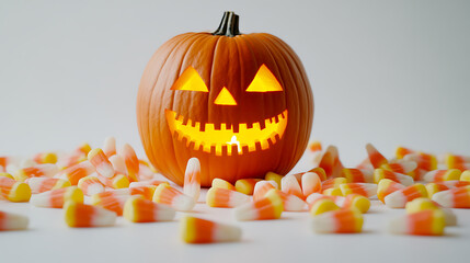 glowing pumpkin with spooky smile surrounded by candy corn creates festive Halloween atmosphere