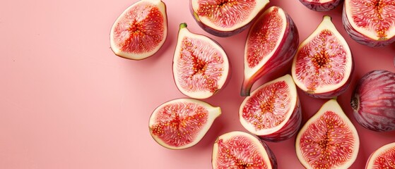 Freshly sliced fig arranged on a light textured background. Top down aerial view of sliced fig with red flesh and dark red peel. Flat lay composition with copy space for food and health design. AIG55.