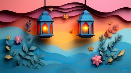 Poster - Artistic paper cut style design with layered lanterns and star motifs in vibrant colors arranged on a soft white background creating space for text in the center