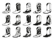 © Aleksandr - Cowboy boots black monochrome silhouette different design set isometric vector illustration