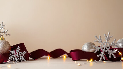 Poster - Elegant Christmas decorations featuring glittering silver ornaments, snowflakes, and burgundy ribbon with fairy lights on a soft beige background