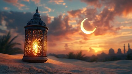 Poster - Artistic Ramadan themed minimalistic background with a rustic Arabic lantern and a prominent crescent moon set on a light sandy surface creating a warm and inviting atmosphere for the celebration