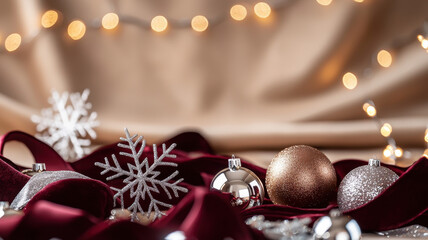 Poster - Elegant holiday decor featuring shiny ornaments, snowflakes, and sparkling lights on rich burgundy fabric for festive celebrations
