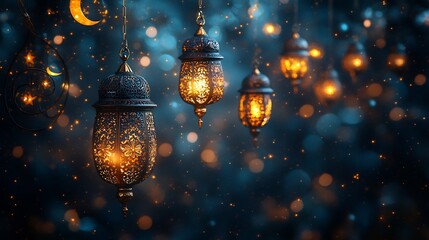 Poster - Artistic representation of Muslim ornamental garland for Ramadan Kareem featuring hanging golden lanterns stars and moon designs arranged harmoniously to evoke a sense of celebration