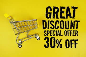 Great Discount 30% Special Offer text with trolley shopping cart on yellow background