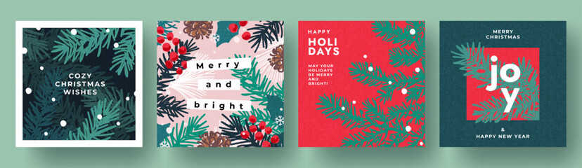 Merry Christmas and Happy New Year greeting card Set. Modern beautiful Xmas design with typography, Christmas tree branches, winter plant, snowflake pattern. Minimal art banner, poster, cover template