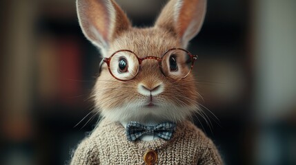 Poster - A well-dressed rabbit with glasses poses charmingly in a cozy indoor setting during daylight