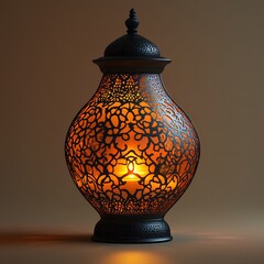 Poster - Elegant Arabic lantern featuring intricate patterns and a flickering candle set against a simple muted background that enhances the warm glow symbolizing the spirit of Ramadan